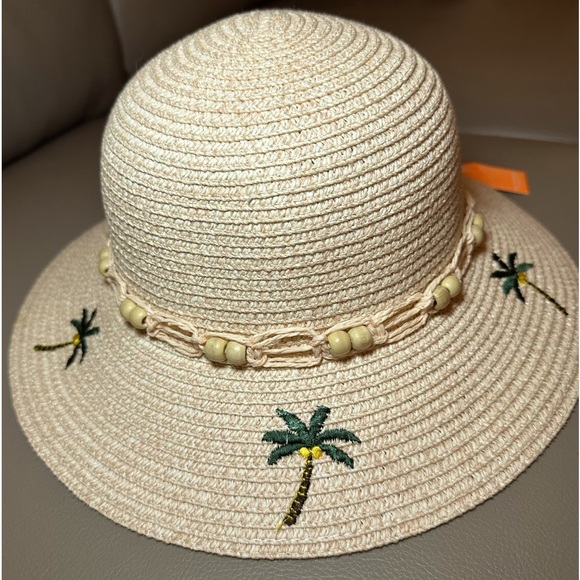 Brand New Light Pink Sun Hat with Palm Trees and Rafia Ribbon - Size 7 - 7 1/8 - Picture 2 of 6